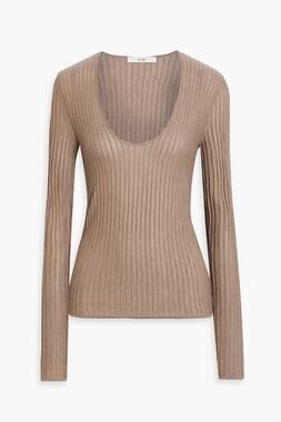 Co Taupe Scoop Neck Ribbed Cashmere Sweater Medium M